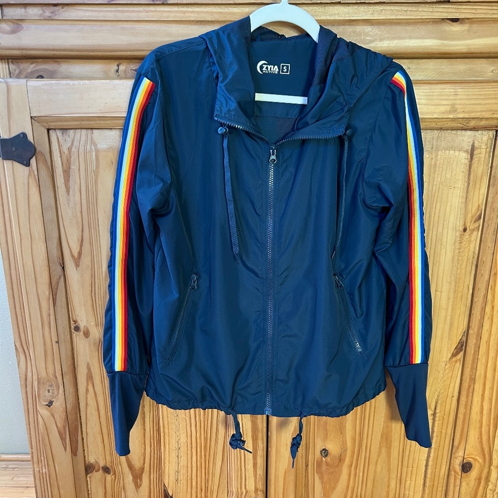 Zyia Active Jacket Rainbow Stripe Hooded Windbreaker Full‎ Zip Navy Bomber Small